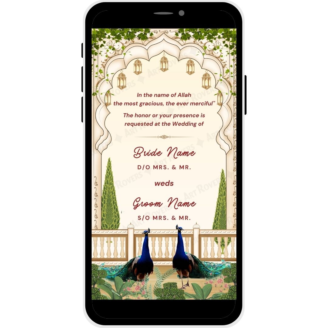 Bride and Groom names section of the Royal Peacocks Muslim Wedding Invitation Card.