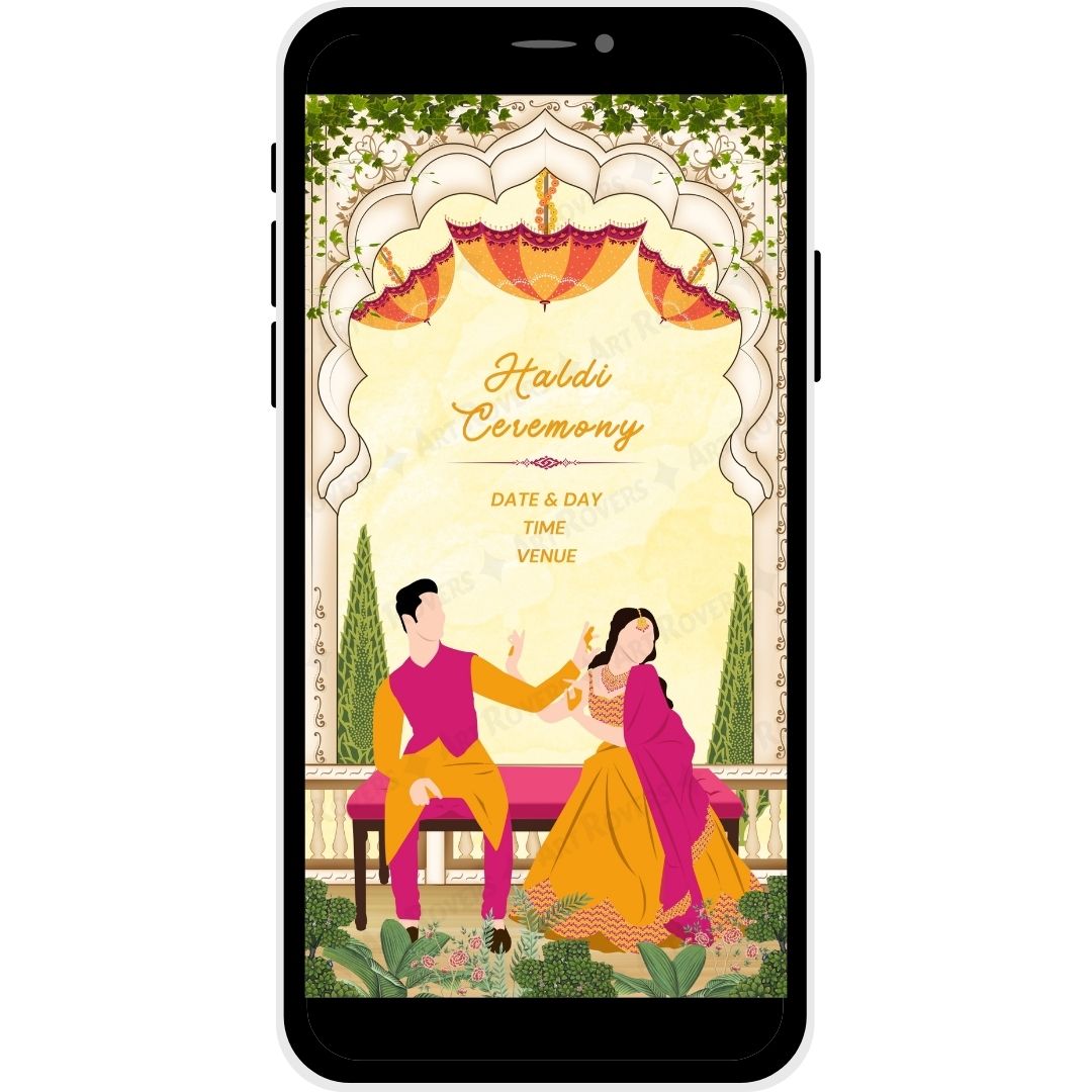 Haldi Ceremony illustration with Bride and Groom on the Royal Peacocks Muslim Wedding Invitation Card.