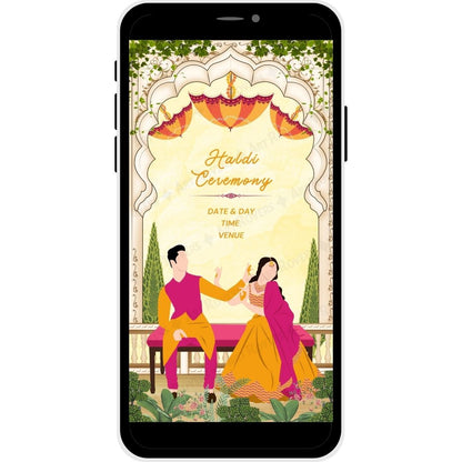 Haldi Ceremony illustration with Bride and Groom on the Royal Peacocks Muslim Wedding Invitation Card.