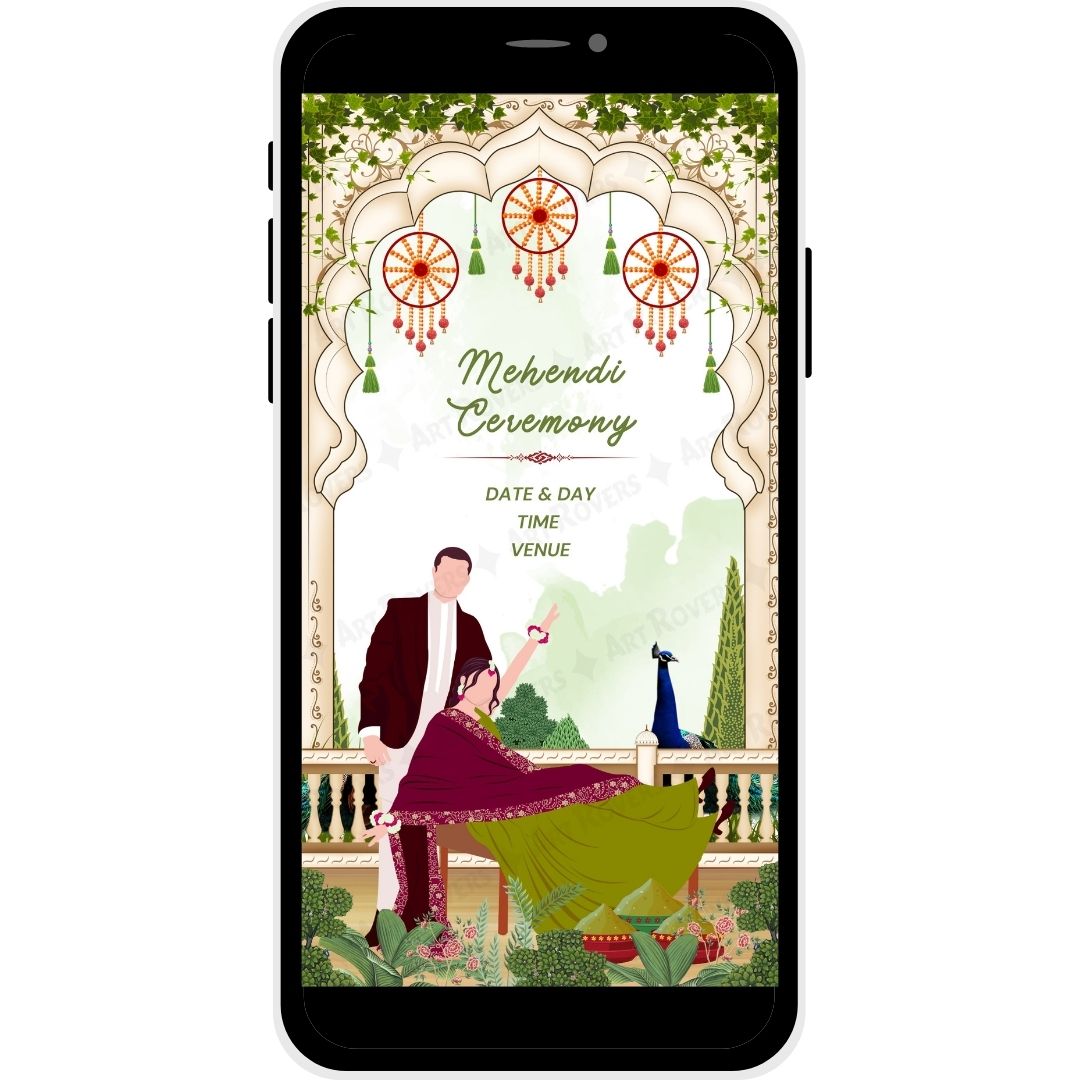 Mehendi Ceremony illustration with Bride and Groom on the Royal Peacocks Muslim Wedding Invitation Card.