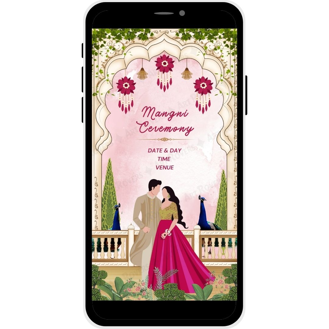 Mangni Ceremony illustration with Bride and Groom on the Royal Peacocks Muslim Wedding Invitation Card.