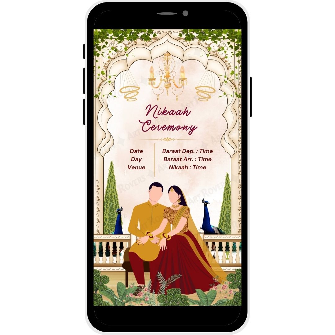 Nikaah Ceremony illustration with Bride and Groom on the Royal Peacocks Muslim Wedding Invitation Card.