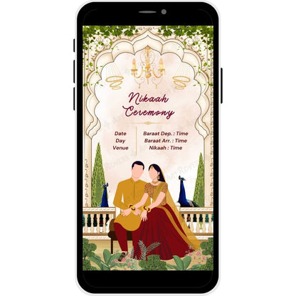 Nikaah Ceremony illustration with Bride and Groom on the Royal Peacocks Muslim Wedding Invitation Card.
