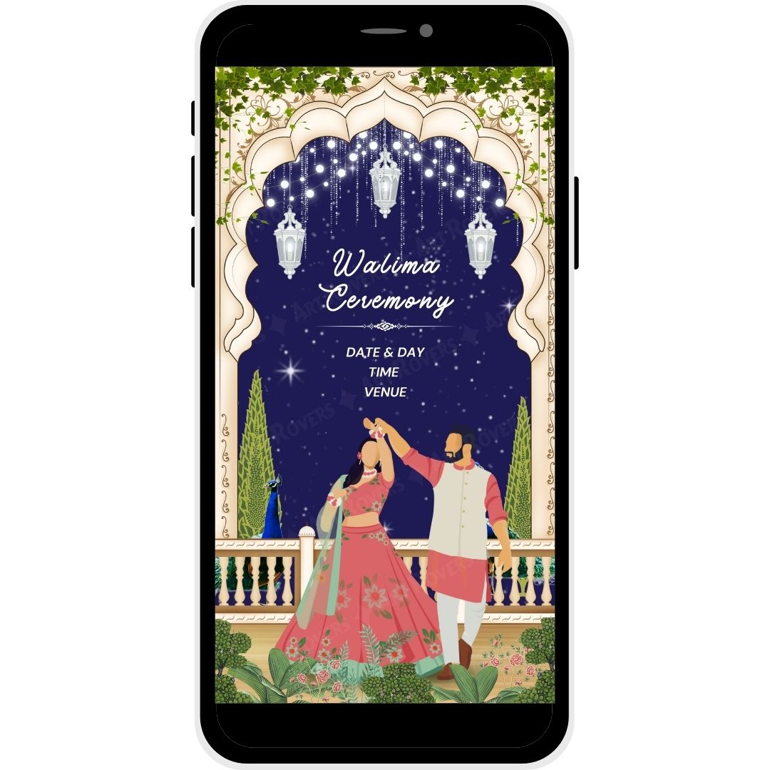 Walima Ceremony illustration with Bride and Groom on the Royal Peacocks Muslim Wedding Invitation Card.
