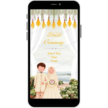 Haldi Ceremony with couple illustration, floral accents, and ceremony details.