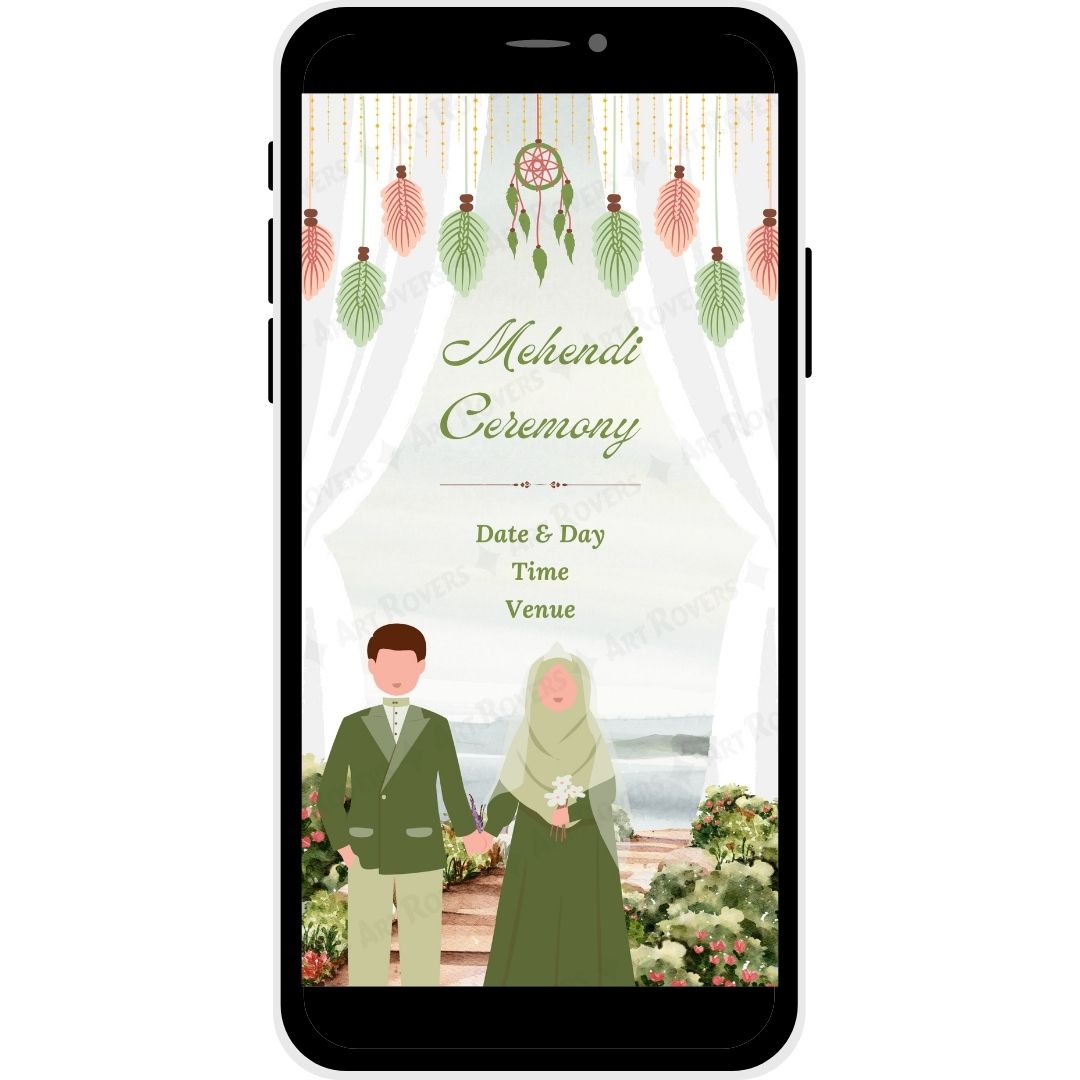 Mehendi Ceremony featuring couple illustration, floral hanging decor, and event details.