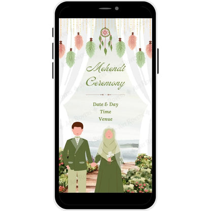 Mehendi Ceremony featuring couple illustration, floral hanging decor, and event details.