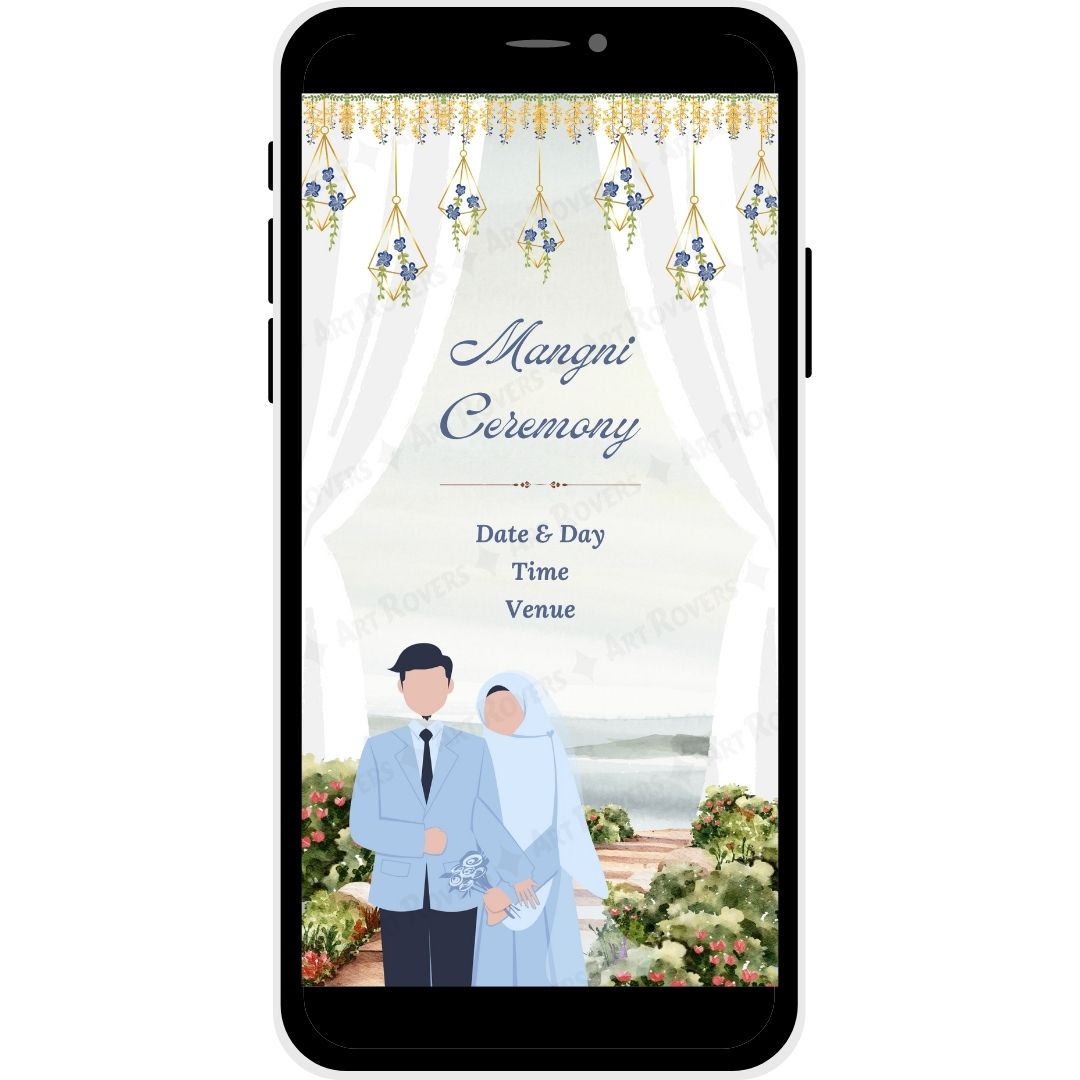 Mangni Ceremony with couple illustration and floral-themed decor.