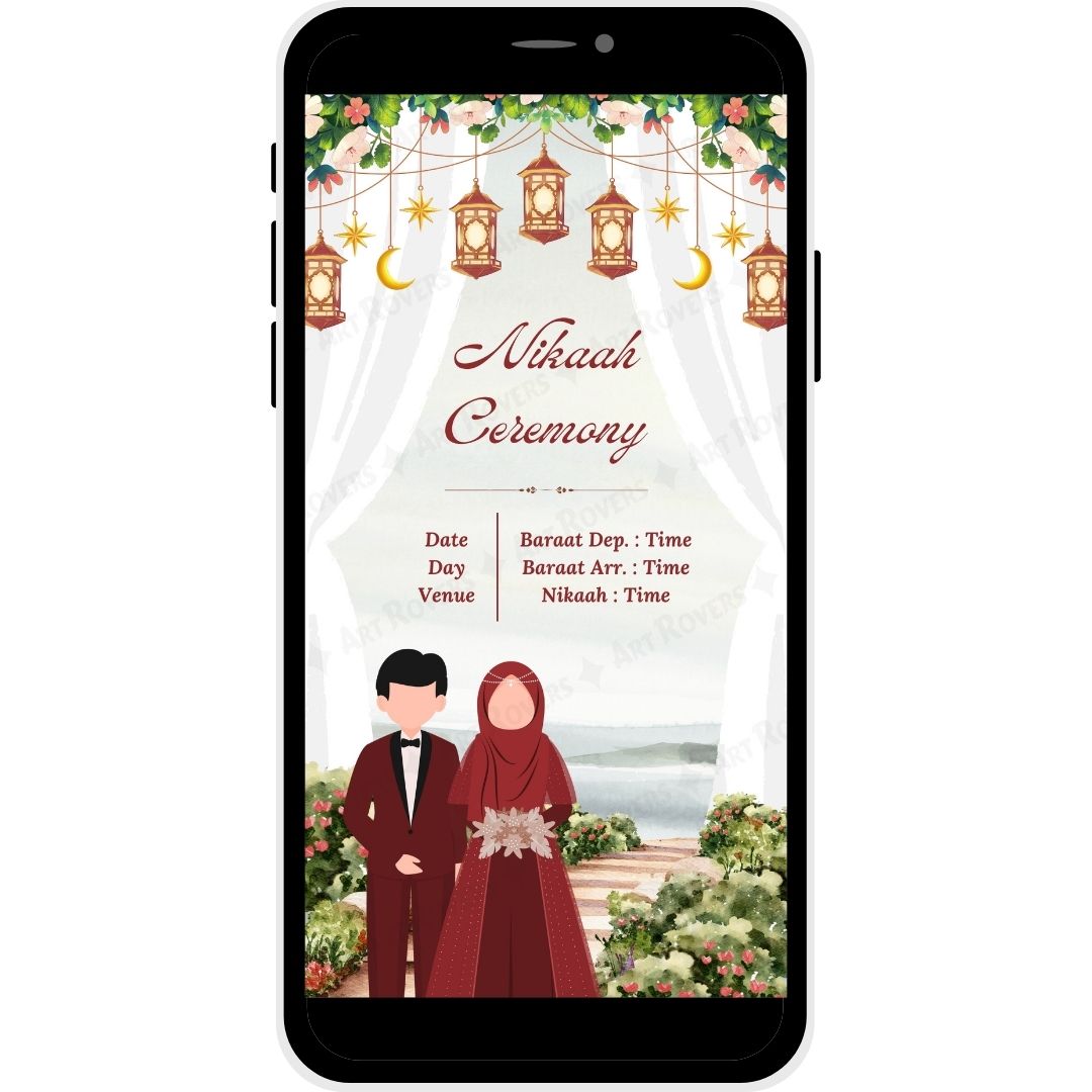 Nikaah Ceremony details with couple illustration and floral accents.