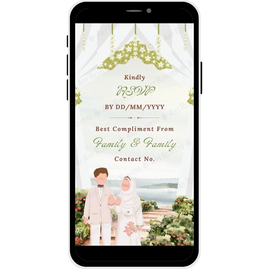 RSVP page with couple illustration and contact information.