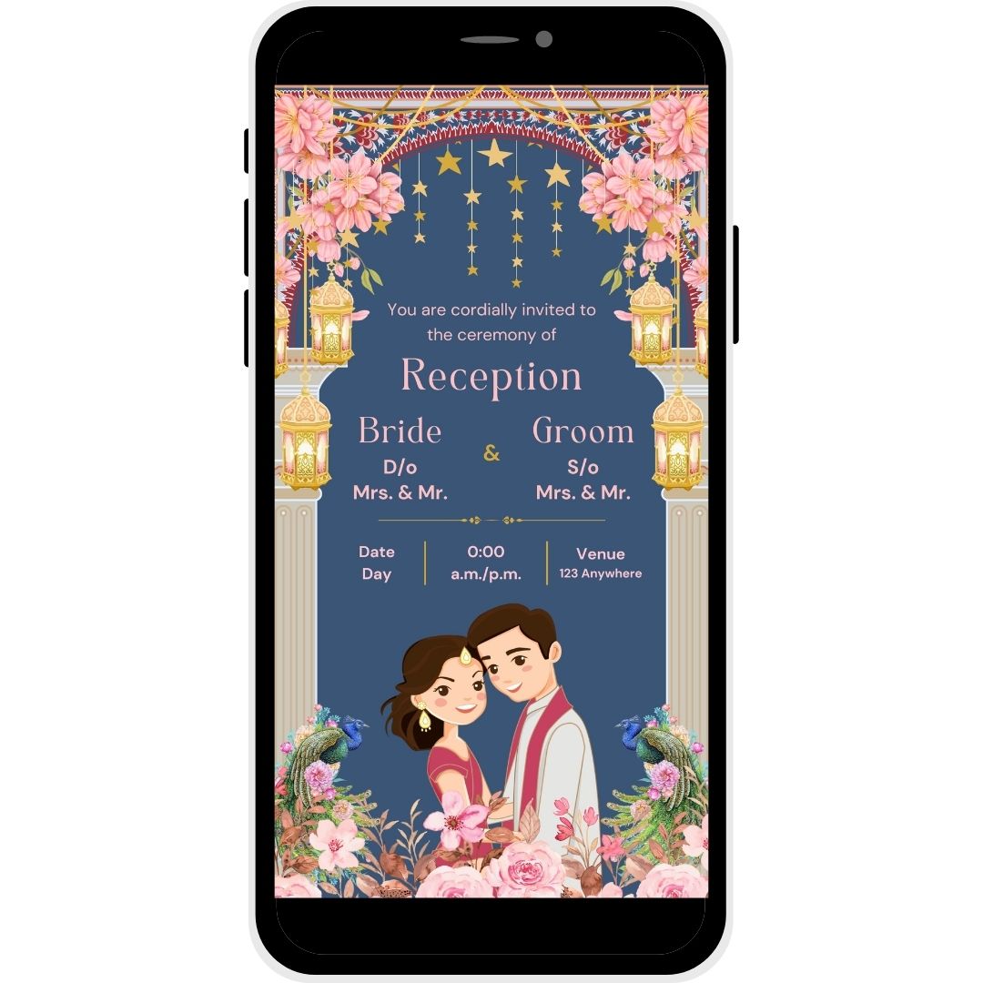 Reception invitation card named "Starry Embrace," featuring floral decor, golden lanterns, and a starry arch, with a bride and groom illustration at the bottom.