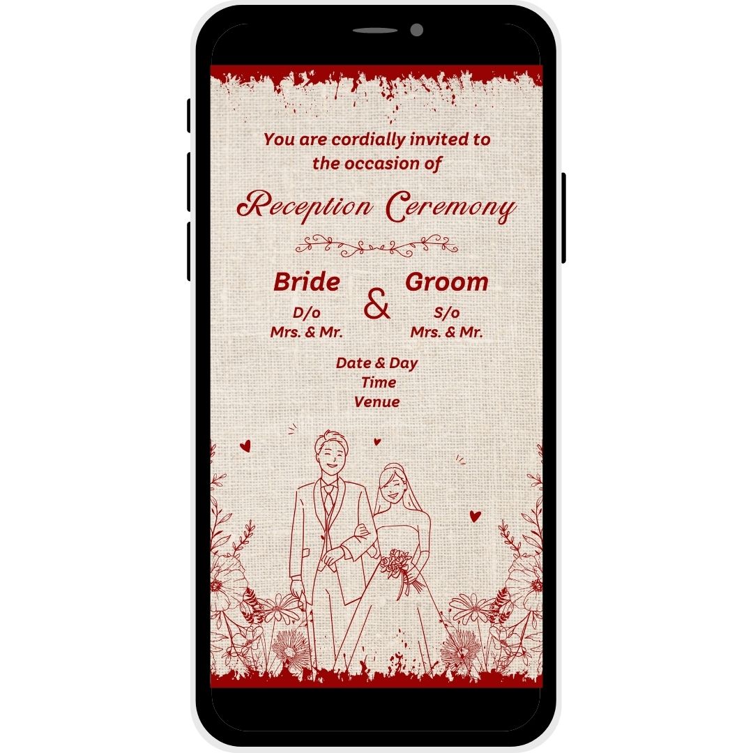 Reception invitation card named "Rustic Romance," featuring a hand-drawn couple illustration, floral accents, and a textured burlap-inspired background, ideal for a vintage-themed wedding reception.