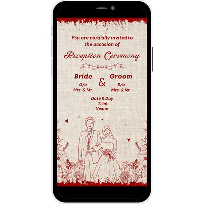 Reception invitation card named "Rustic Romance," featuring a hand-drawn couple illustration, floral accents, and a textured burlap-inspired background, ideal for a vintage-themed wedding reception.