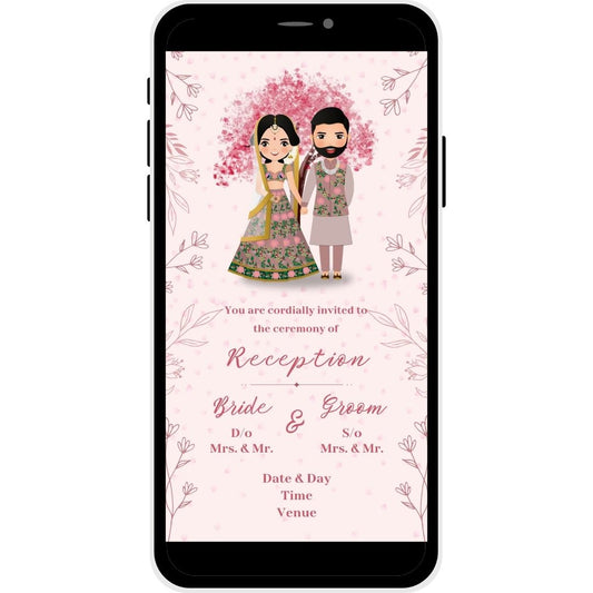 Reception invitation card named "Floral Affection," featuring a couple illustration under a blossoming tree, with floral accents and soft pink hues, ideal for a wedding reception.