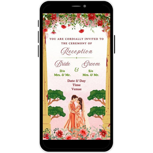 Reception invitation card named "Forever Bloom," featuring a couple illustration surrounded by vibrant flowers and greenery, ideal for a romantic wedding reception.