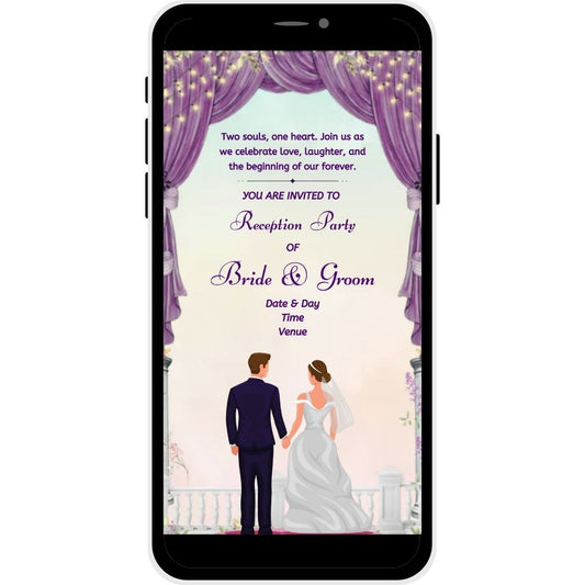 Reception invitation card named Timeless Promise, featuring a couple under lavender drapes adorned with lights, ideal for a romantic wedding reception.