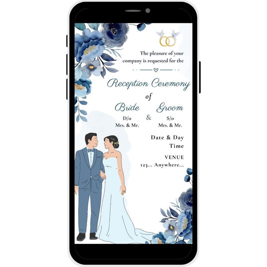 Reception invitation card named Blissful Union, featuring blue floral decor, a couple illustration, and elegant details, ideal for a sophisticated wedding reception.