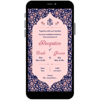 Reception invitation card named Classic Affair, featuring a navy floral background with soft pink accents, perfect for an elegant wedding reception.