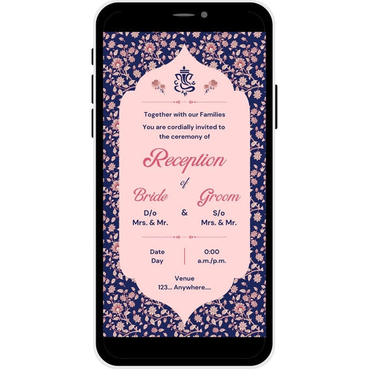 Reception invitation card named Classic Affair, featuring a navy floral background with soft pink accents, perfect for an elegant wedding reception.