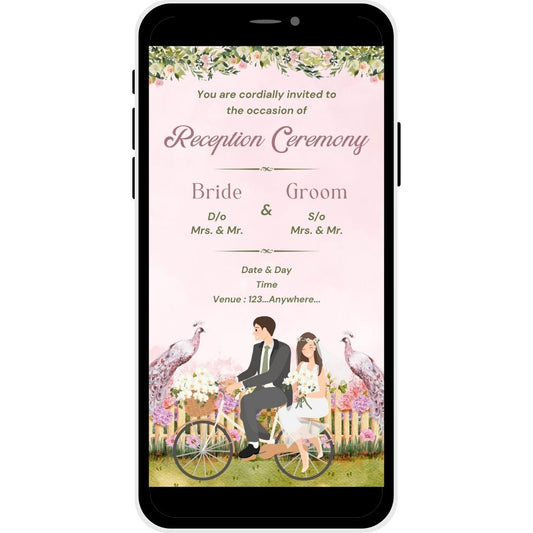 Reception invitation card named Romantic Ride, featuring a couple on a bicycle in a floral garden with peacocks, ideal for a whimsical wedding reception.