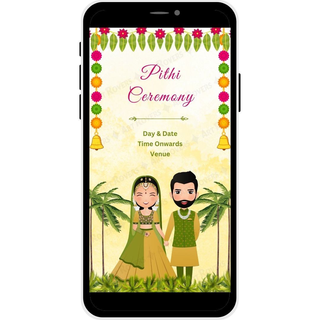 Pithi Ceremony details with Bride and Groom illustration on Temple Grandeur Card.