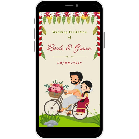 Joyful Journey Tamil Wedding Invitation Card featuring bride and groom on a cycle