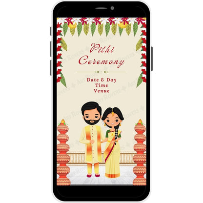 Joyful Journey Pithi Ceremony Invitation featuring a couple in traditional attire