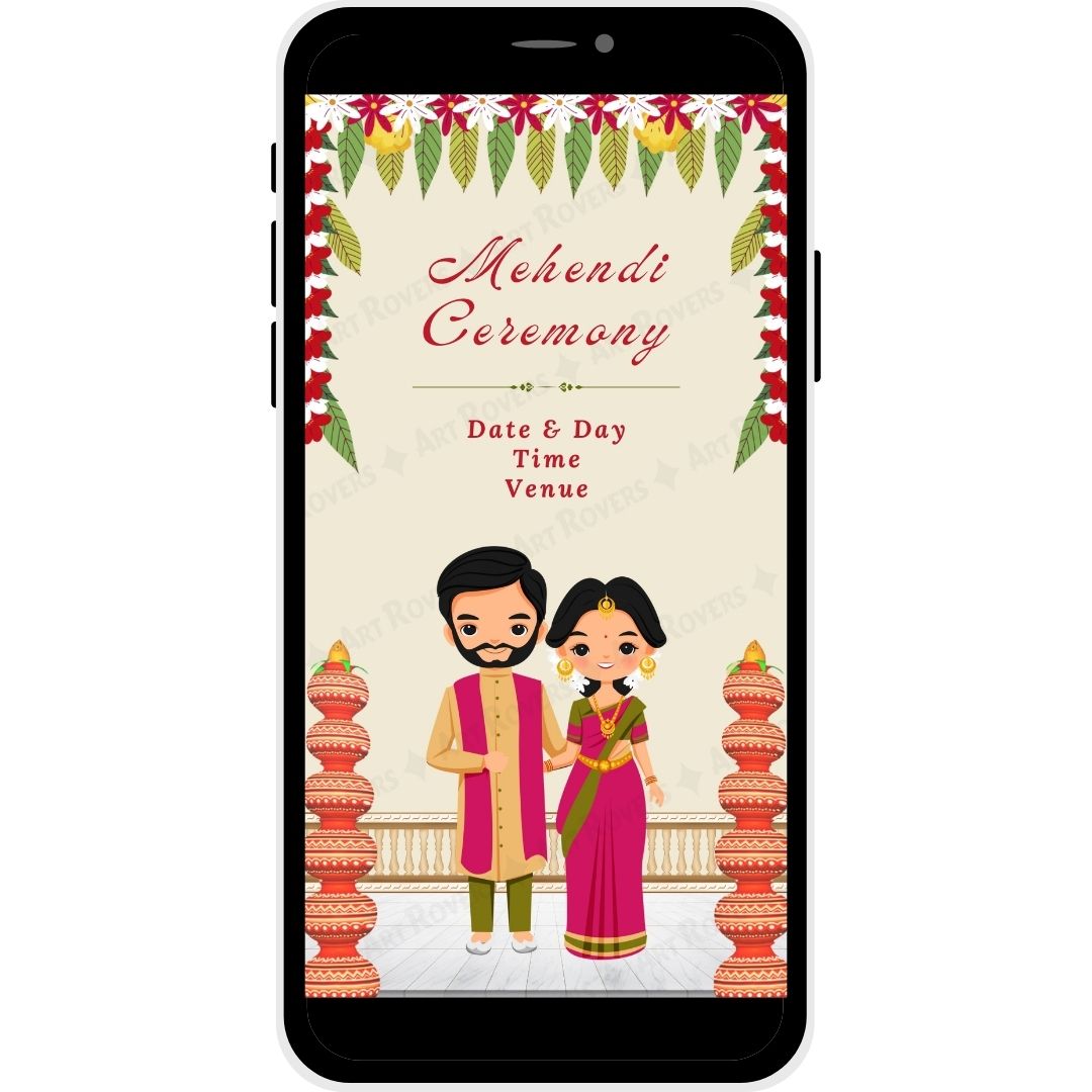 Joyful Journey Mehendi Ceremony Invitation featuring a vibrant couple illustration