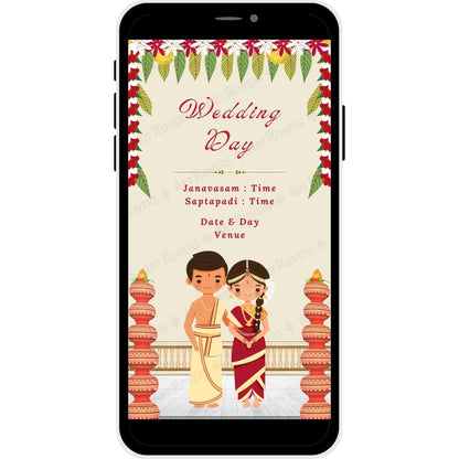 Joyful Journey Wedding Day Invitation featuring a traditional Tamil mandapam