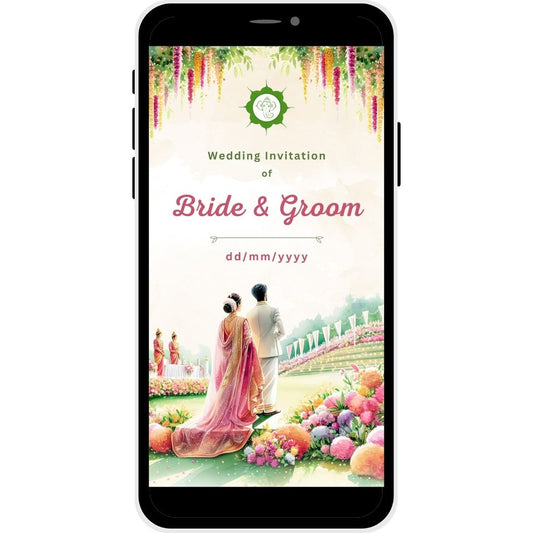 Telugu Wedding Invitation Cover featuring the 'Blossoms of Love' theme with a couple in traditional attire surrounded by flowers