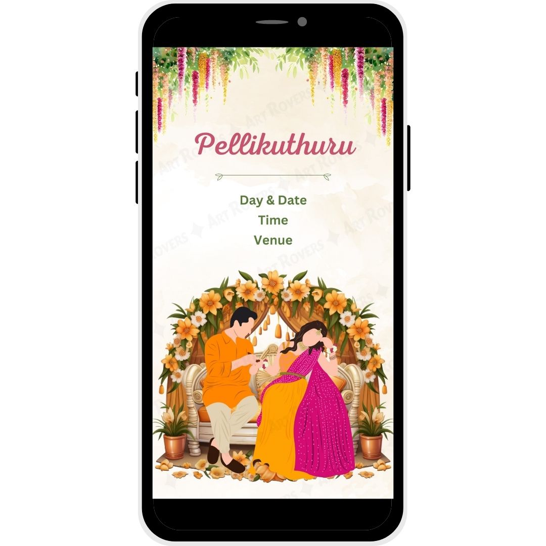 Pellikuturu Ceremony illustration in the 'Blossoms of Love' Telugu Wedding Invitation with traditional floral decor