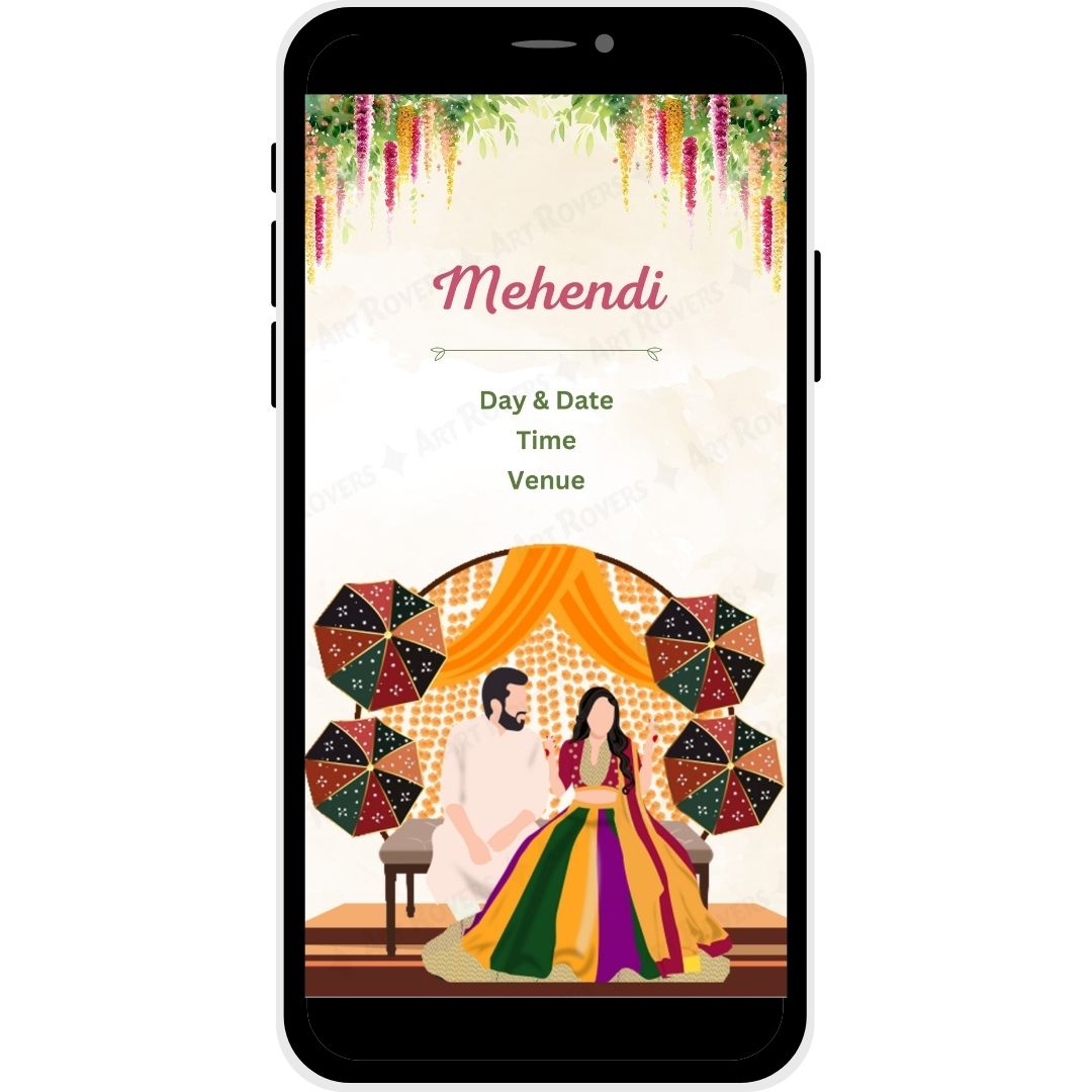 Mehendi Ceremony section showing the couple under vibrant umbrellas from the 'Blossoms of Love' Telugu Wedding Invitation