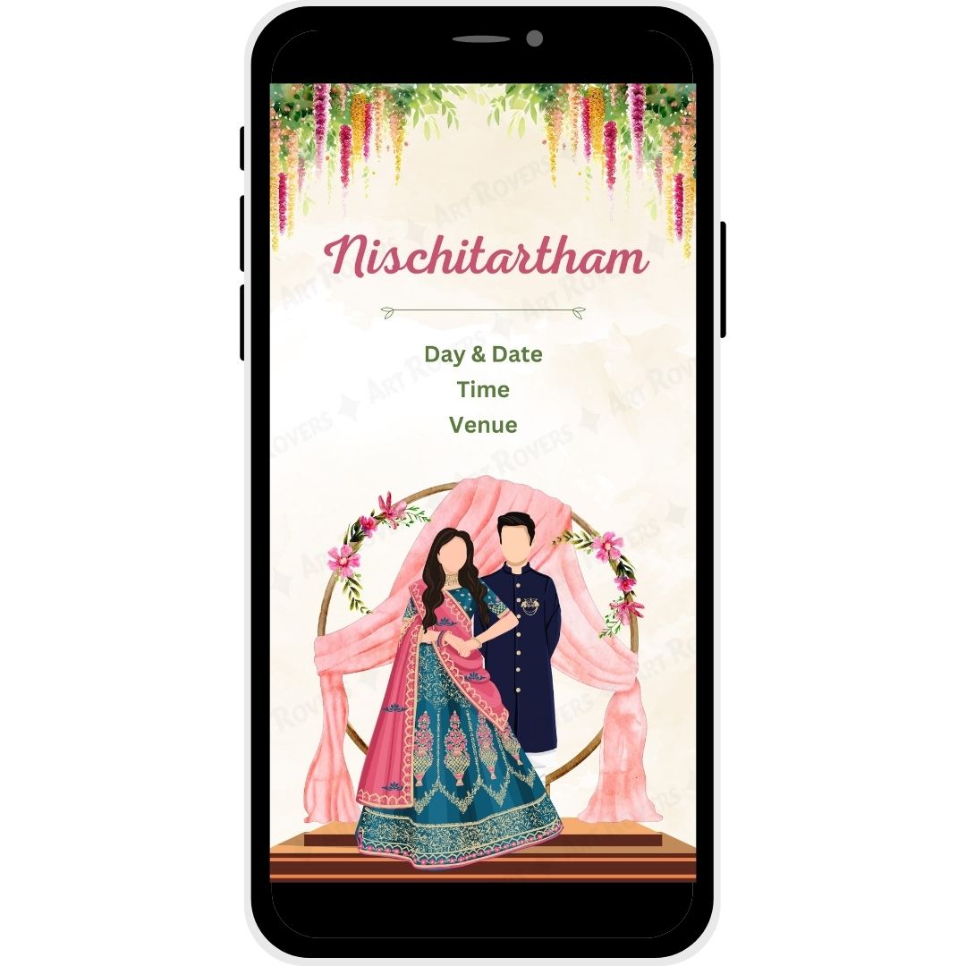 Nischitartham Ceremony layout with a floral arch from the 'Blossoms of Love' Telugu Wedding Invitation