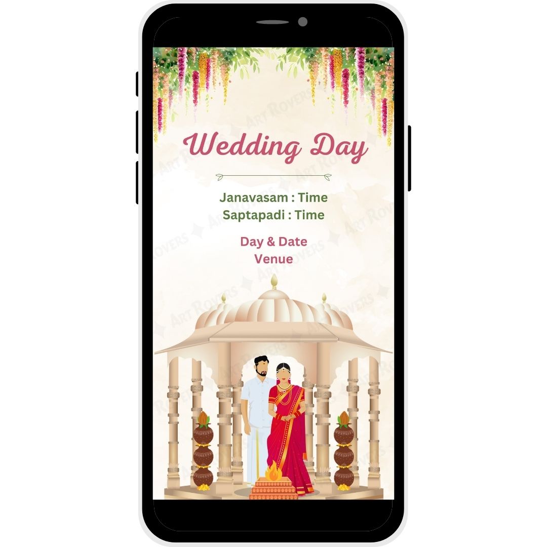 Wedding Day Ceremony depiction with traditional Janavasam and Sapthapadi rituals in the 'Blossoms of Love' Telugu Wedding Invitation