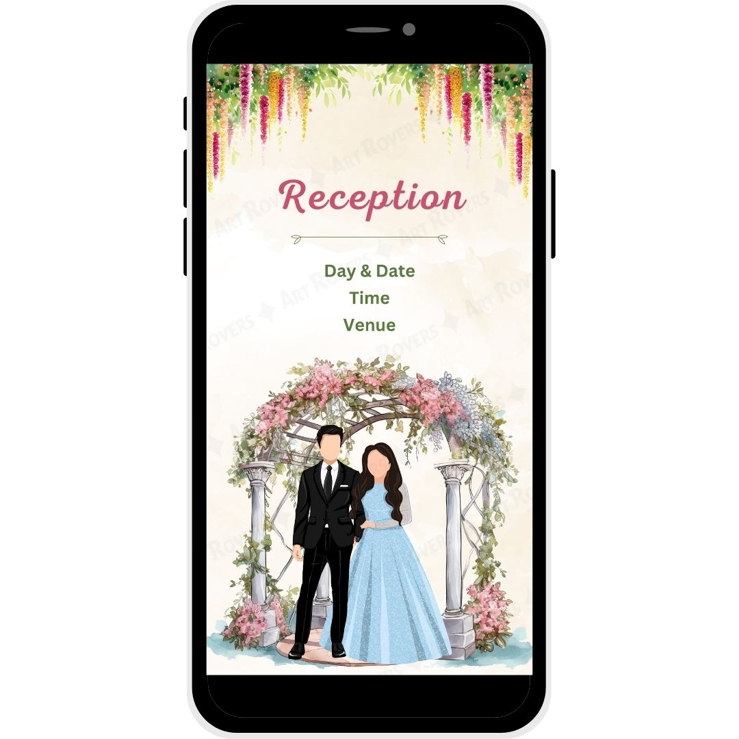 Reception Ceremony illustration with a couple under a floral arch from the 'Blossoms of Love' Telugu Wedding Invitation