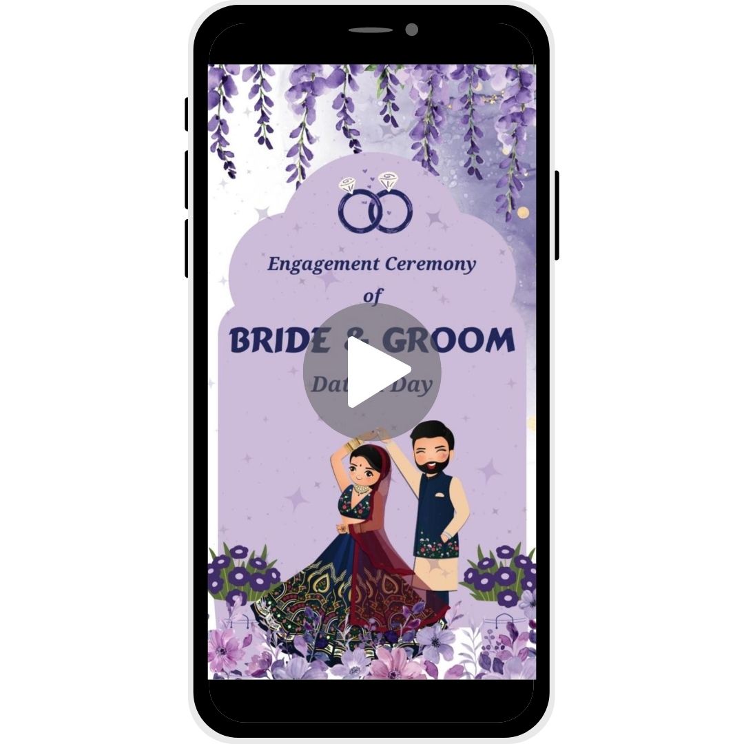 Lavender Bliss Engagement Invitation Video with floral design, featuring bride and groom illustration, and space for event details.