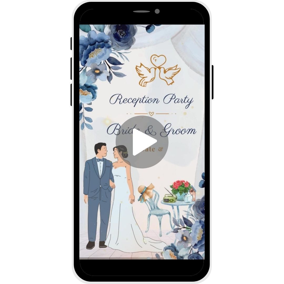 Reception invitation video named Blissful Union, featuring blue floral decor, a couple illustration, and elegant details, ideal for a sophisticated wedding reception.