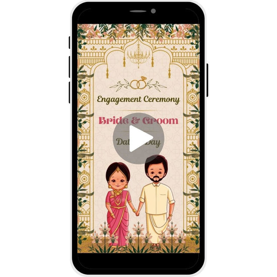 Golden Vows Engagement Invitation Video with intricate patterns, gold accents, floral borders, and bride and groom illustration.