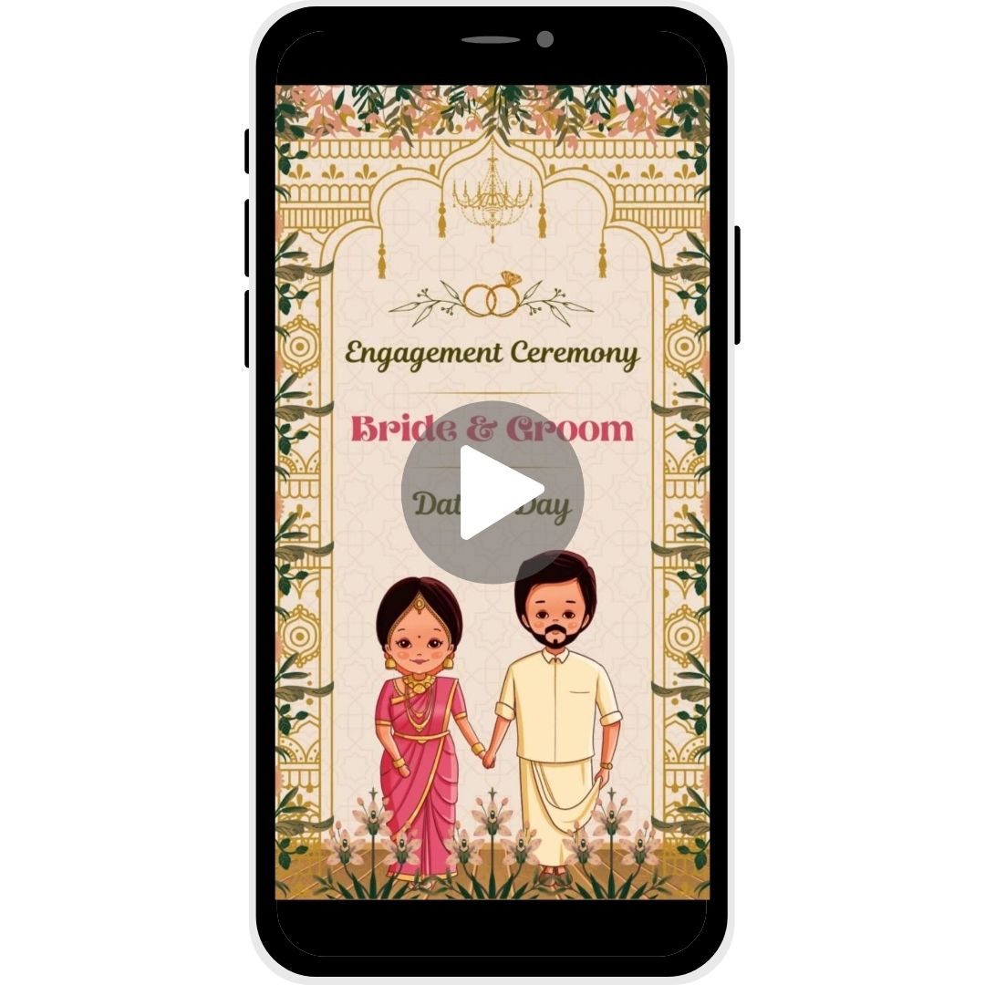 Golden Vows Engagement Invitation Video with intricate patterns, gold accents, floral borders, and bride and groom illustration.