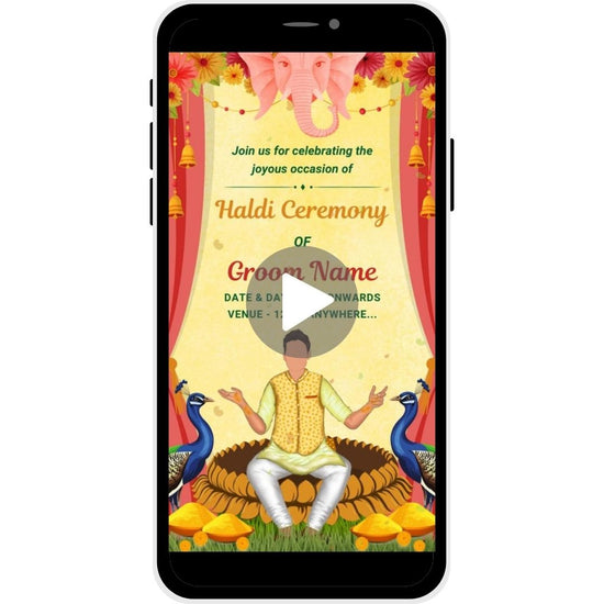 Divine Glow Haldi Ceremony Invitation Video for the groom, with Ganesha motif, peacocks, and traditional floral decor for an auspicious celebration.
