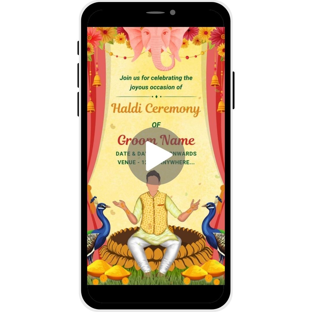 Divine Glow Haldi Ceremony Invitation Video for the groom, with Ganesha motif, peacocks, and traditional floral decor for an auspicious celebration.