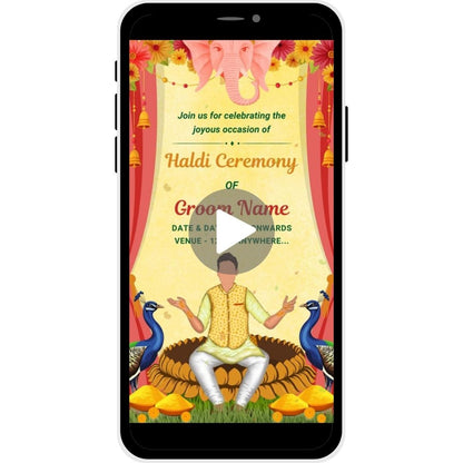 Divine Glow Haldi Ceremony Invitation Video for the groom, with Ganesha motif, peacocks, and traditional floral decor for an auspicious celebration.