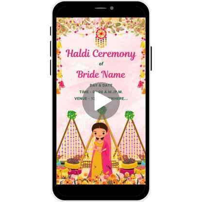 Blossom Delight Haldi Ceremony Invitation Video for the bride with floral decorations and a charming illustration of the bride in a colorful traditional setup.