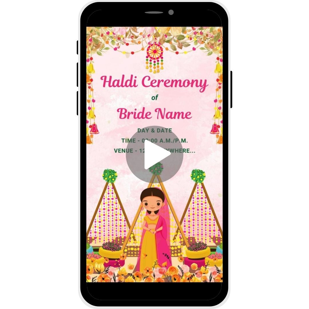 Blossom Delight Haldi Ceremony Invitation Video for the bride with floral decorations and a charming illustration of the bride in a colorful traditional setup.