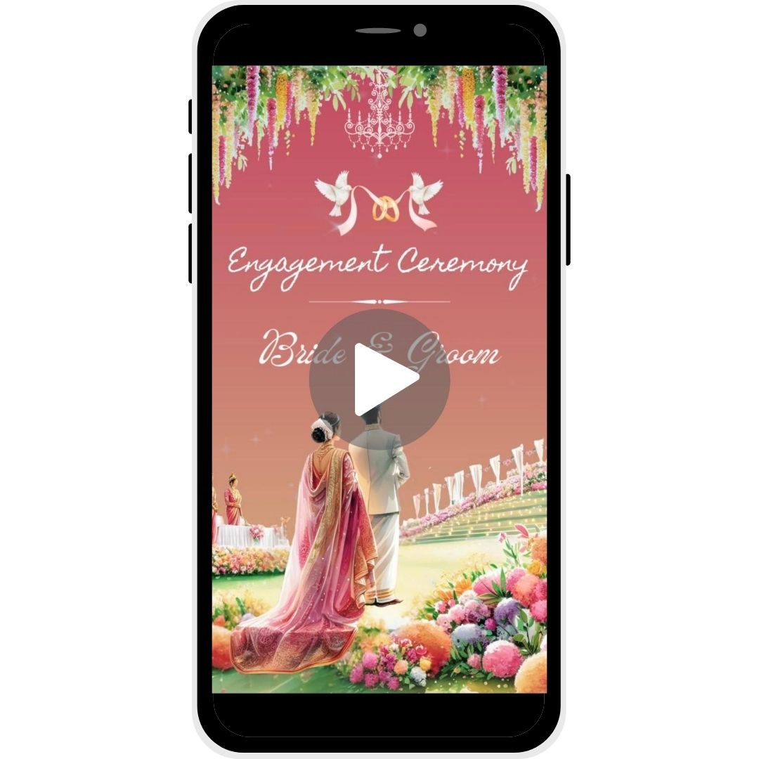 Eternal Bloom Engagement Invitation Video with lush floral arrangements, serene backdrop, and bride and groom illustration.
