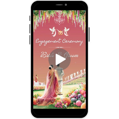 Eternal Bloom Engagement Invitation Video with lush floral arrangements, serene backdrop, and bride and groom illustration.