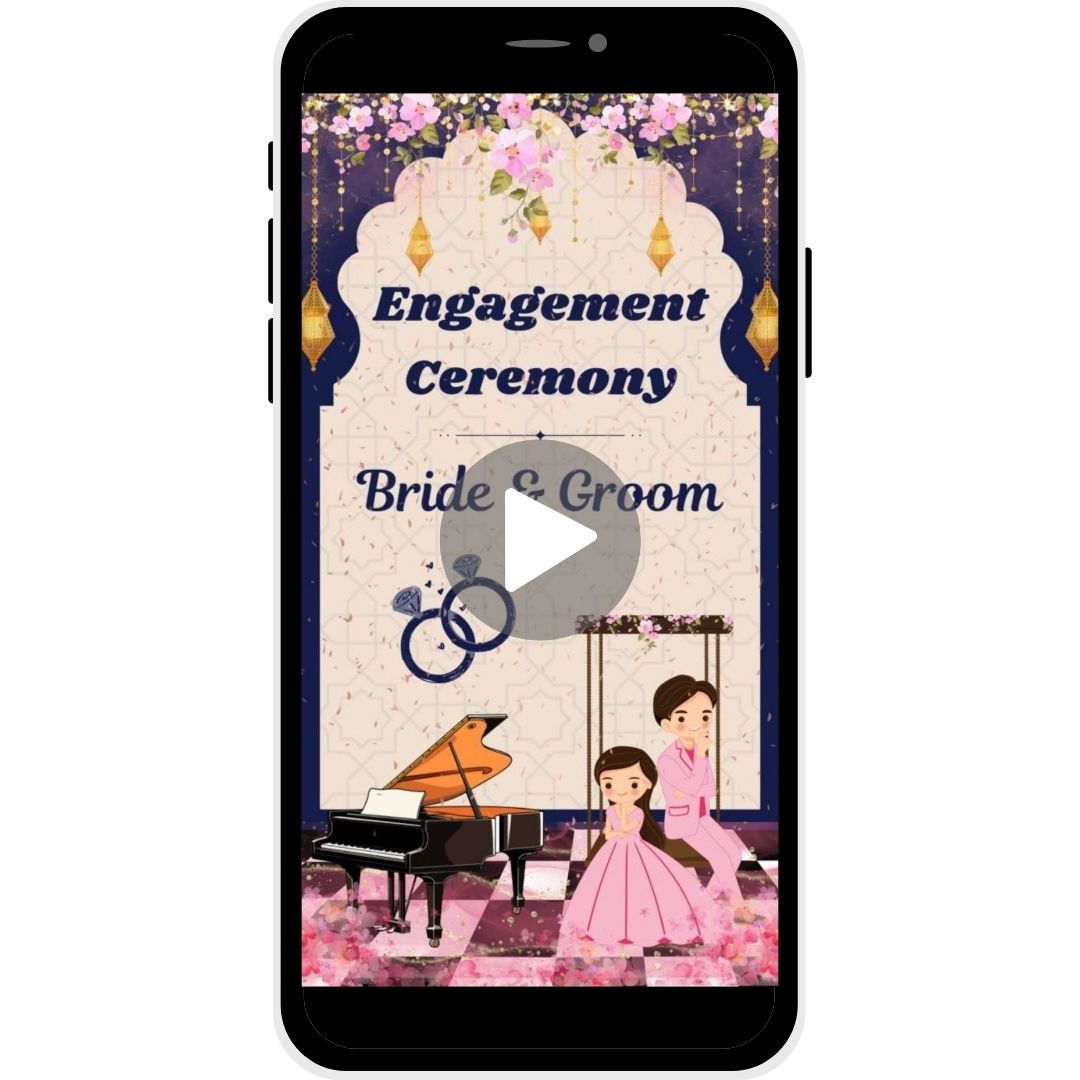 Sweet Symphony Engagement Invitation Video with floral decor, lanterns, grand piano, and bride and groom illustration.
