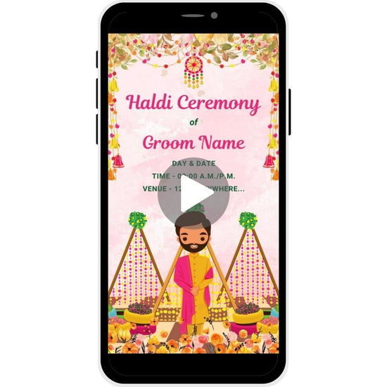 Blossom Delight Haldi Ceremony Invitation Video for the groom featuring floral decor and a cute illustration of the groom, perfect for inviting guests to a festive pre-wedding ceremony.