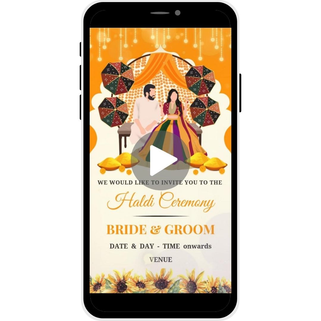 Amber Glow Haldi Ceremony Invitation Video featuring traditional umbrellas, marigold bowls, and a decorative backdrop for a vibrant wedding celebration.