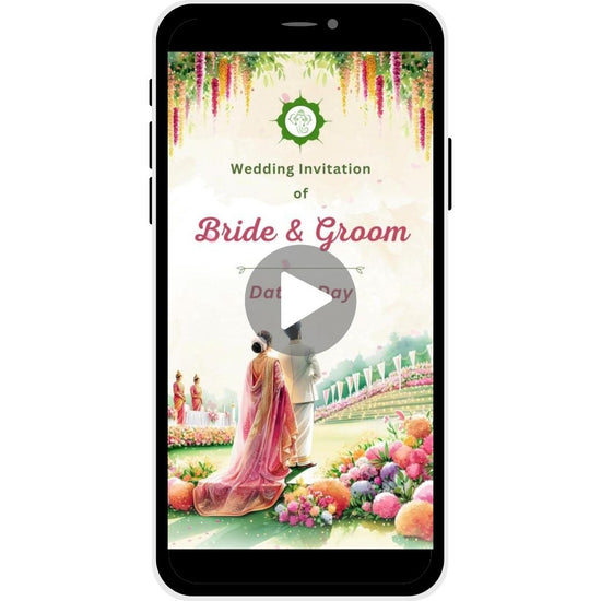 Telugu Wedding Invitation Video featuring the 'Blossoms of Love' theme with a couple in traditional attire surrounded by flowers